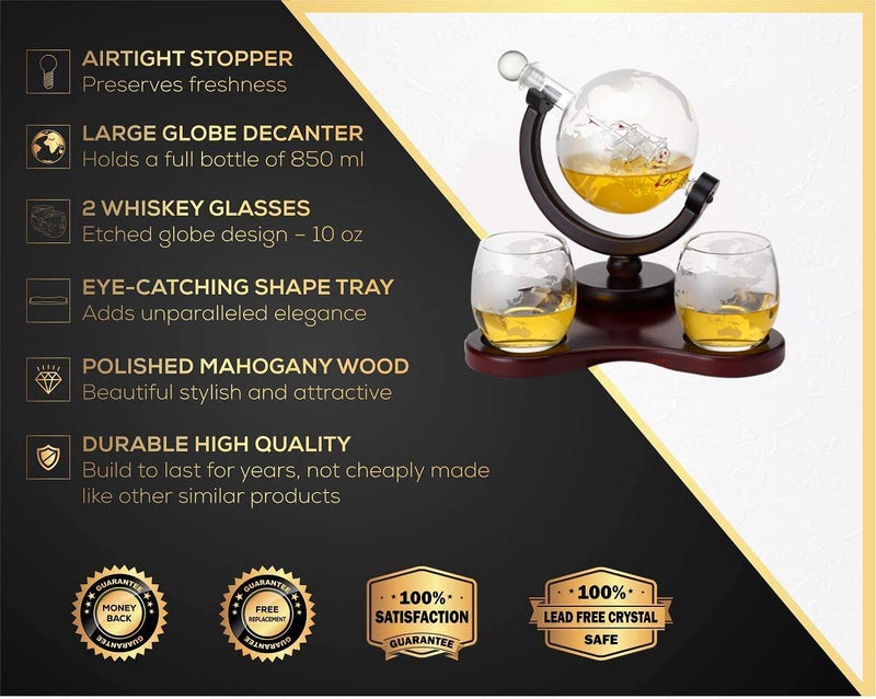 Verolux Whiskey Globe Decanter Set with 2 Glasses in Gift Box - Whiskey decanter for Liquor, Whiskey, Brandy, Gin, Rum, Tequila, Vodka, and Brandy - Home Bar Accessories for Men and Women - Image 3